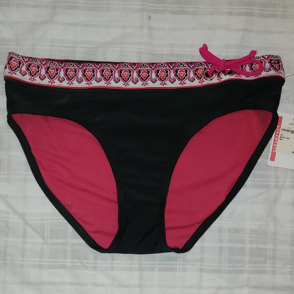 Black and Pink Bikini Bottoms with Patterned Waistband